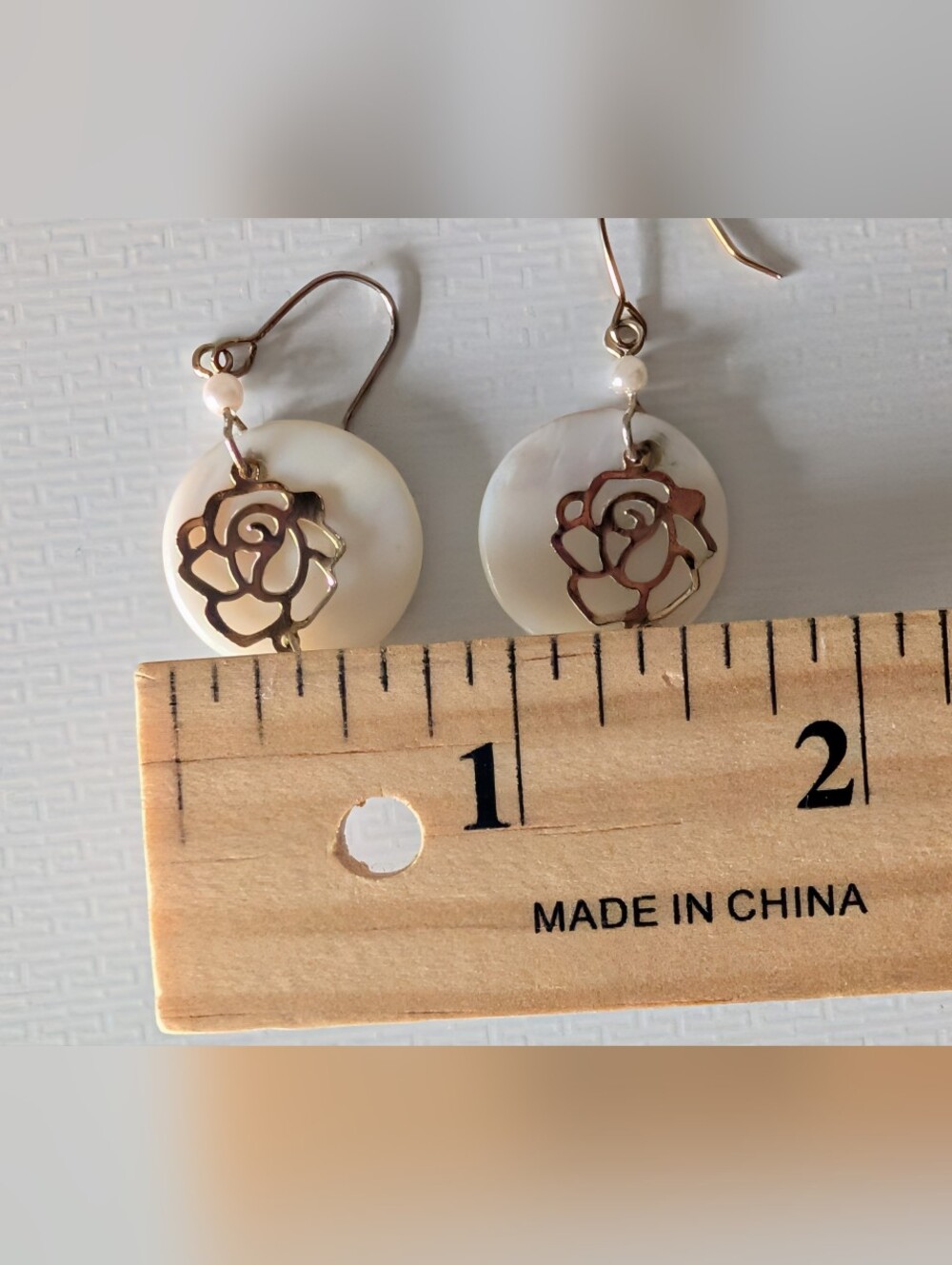 Mother of Pearl & Faux Pearl Rose Dangle Earrings - Picture 6 of 6
